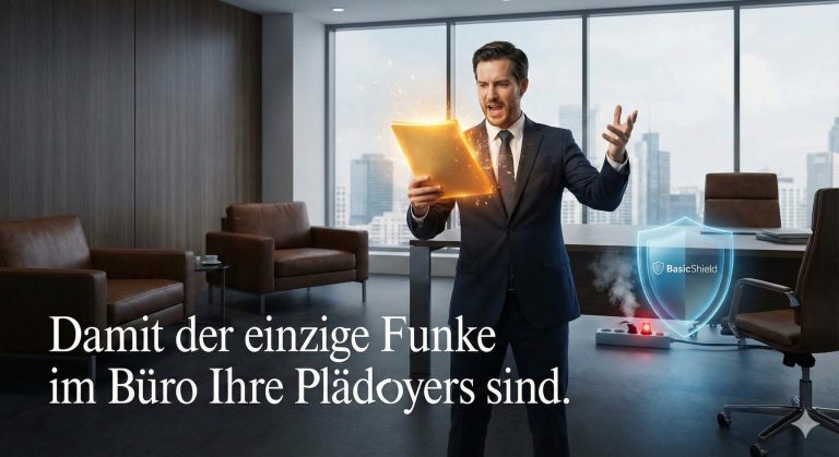 Mann in Anzug hält Dokument, steht in modernem Büro mit Stadtansicht im Hintergrund.