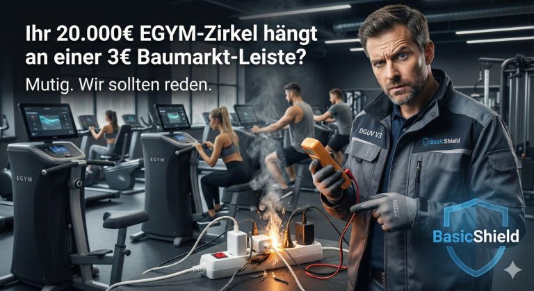 Mann in Fitnessstudio zeigt auf Geräte, während Rauch von einem defekten Gerät aufsteigt.