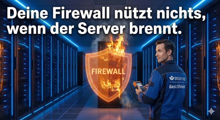 Mann in blauer Kleidung steht vor Servern, mit brennendem Firewall-Schild im Vordergrund.