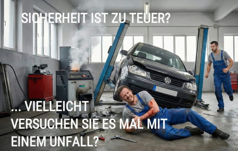Automobilewerkstatt mit Autos auf Hebebühnen und Mechanikern bei der Arbeit.